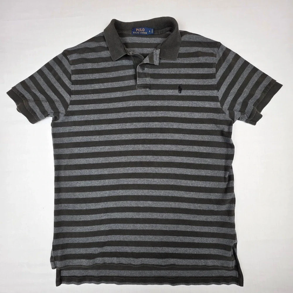 Polo‎ Ralph Lauren Polo Shirt Mens L Gray Excellent Striped Short Sleeve Cotton